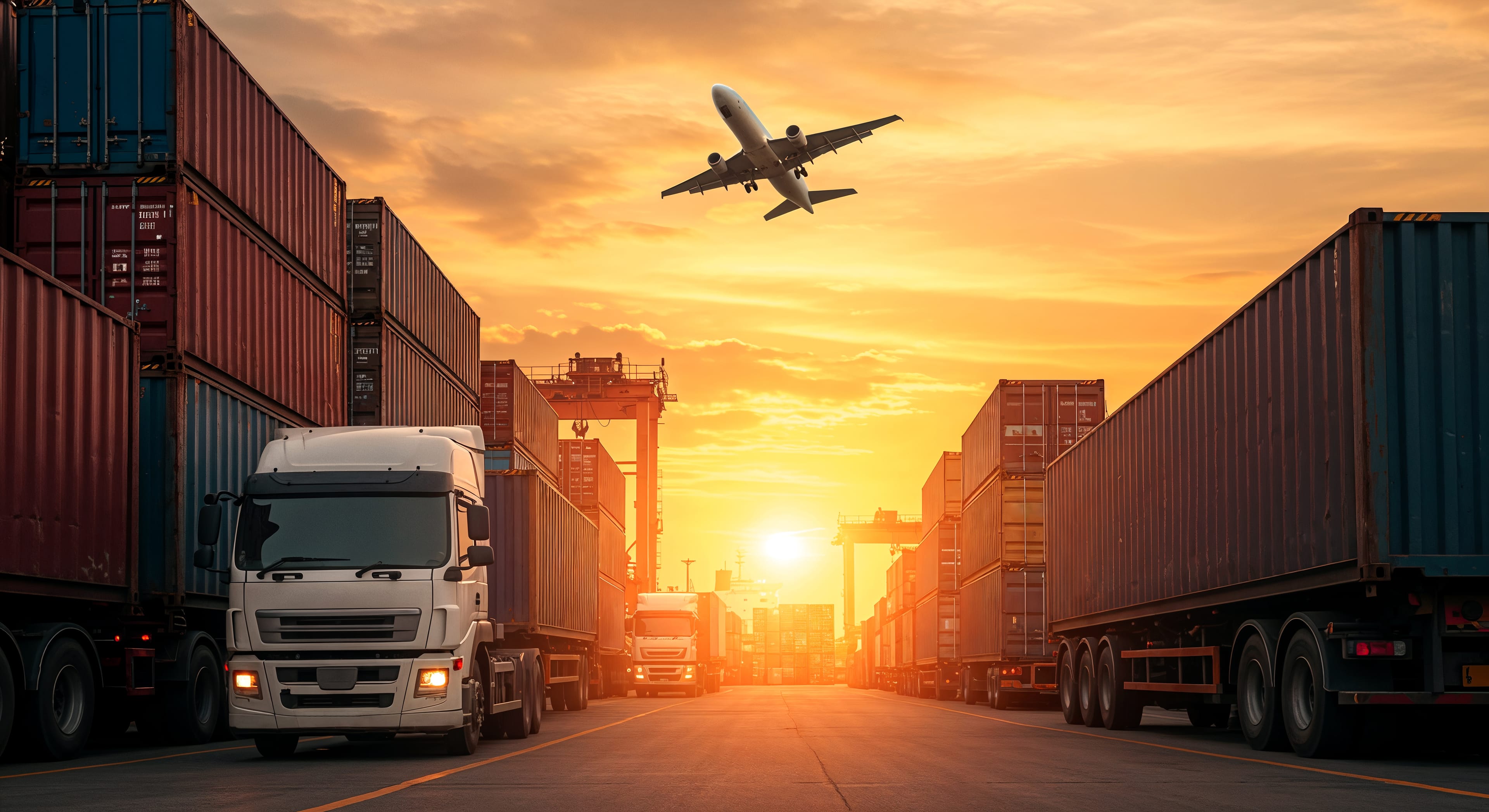 Convoy of heavy trucks on a highway at sunset